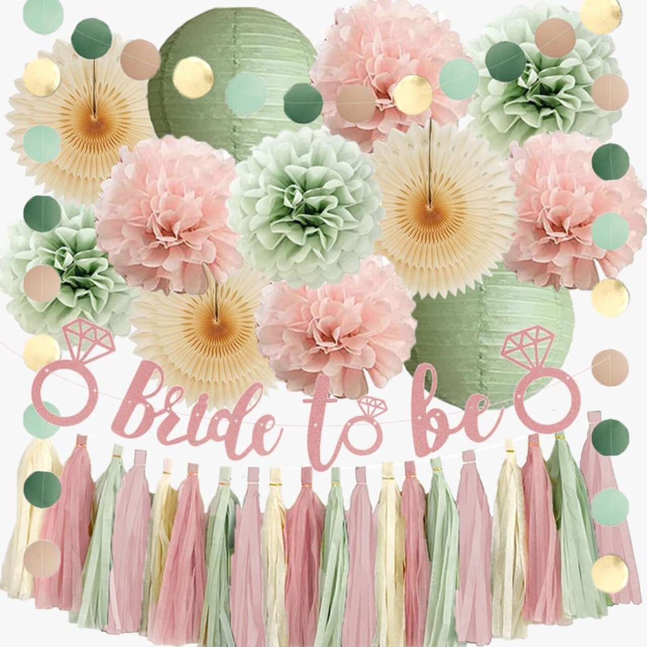 Dusty Pink and Sage Green Bridal Shower Decorations Boho Pastel Bride to Be Sage Green and Blush Pink Bridal Shower Decorations Dusty Rose Bachelorette Party Beige Fans Poms with Cream Tassel Garland